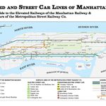 This map depicts Manhattan's elevated, trolley and cable car system in 1899, which, Berman says, was "immediately before the first subway was built. The els were powered by steam during this era, and made a gigantic racket running up and down the avenues-- never mention the smoke and the pollution."<br>